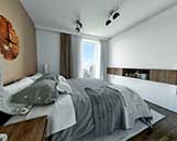 Foto einer 3D Innenraum-Visualisierung des Schlafzimmers mit Bett und Schrank