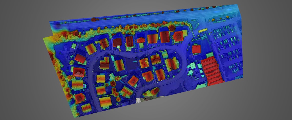 Digitales Oberflächenmodell einer Wohnsiedlung in Poing als Luftaufnahme.