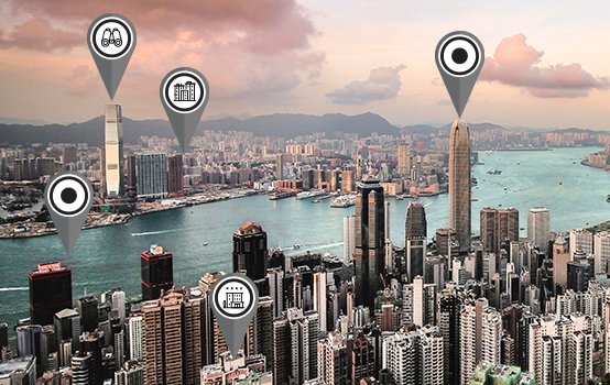 Luftbild der Skyline von Hong Kong mit Points of Interest
